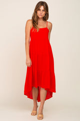 Red Square Neck Tiered Hi-Low Maternity Midi Dress