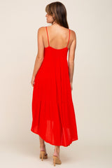 Red Square Neck Tiered Hi-Low Midi Dress