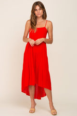 Red Square Neck Tiered Hi-Low Midi Dress