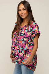 Black Floral V-Neck Short Sleeve Maternity Top