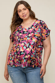 Black Floral V-Neck Short Sleeve Maternity Plus Top