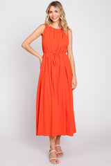 Coral Shirred Waist Tie Midi Dress