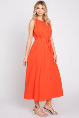 Coral Shirred Waist Tie Midi Dress