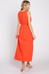 Coral Shirred Waist Tie Midi Dress