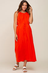 Coral Shirred Waist Tie Maternity Midi Dress