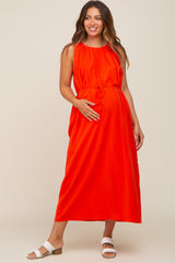 Coral Shirred Waist Tie Maternity Midi Dress