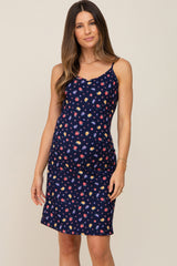 Navy Blue Floral Ribbed Cutout Back Maternity Dress