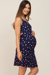 Navy Blue Floral Ribbed Cutout Back Maternity Dress