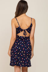 Navy Blue Floral Ribbed Cutout Back Maternity Dress