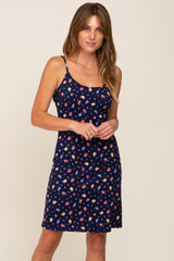 Navy Blue Floral Ribbed Cutout Back Maternity Dress