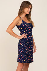 Navy Blue Floral Ribbed Cutout Back Dress