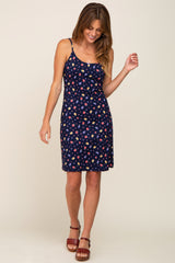 Navy Blue Floral Ribbed Cutout Back Dress