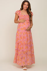 Pink Floral Ruffle Tiered Maternity Maxi Dress