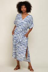 Blue Printed Waist Tie Midi Dress