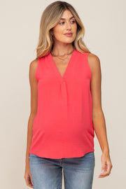 Coral Solid V-Neck Sleeveless Maternity Top