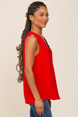 Red Solid V-Neck Sleeveless Top