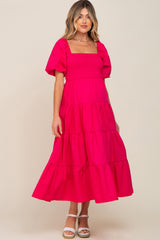 Fuchsia Square Neck Smocked Puff Short Sleeve Tiered Maternity Midi Dress