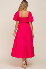 Fuchsia Square Neck Smocked Puff Short Sleeve Tiered Maternity Midi Dress