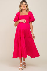 Fuchsia Square Neck Smocked Puff Short Sleeve Tiered Maternity Midi Dress