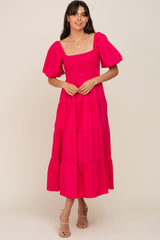 Fuchsia Square Neck Smocked Puff Short Sleeve Tiered Maternity Midi Dress