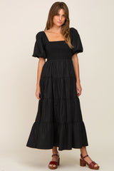 Black Square Neck Smocked Puff Short Sleeve Tiered Midi Dress