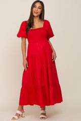 Red Square Neck Smocked Puff Short Sleeve Tiered Maternity Midi Dress