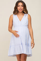 Light Blue Button Front Crochet Accent Maternity Dress