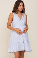 Light Blue Button Front Crochet Accent Maternity Dress