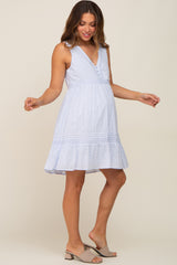 Light Blue Button Front Crochet Accent Maternity Dress