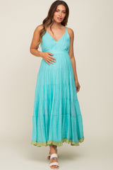 Aqua V-Neck Colorblocked Tiered Maternity Maxi Dress