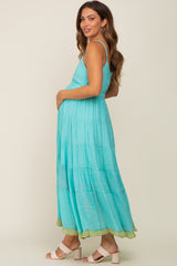 Aqua V-Neck Colorblocked Tiered Maternity Maxi Dress