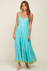 Aqua V-Neck Colorblocked Tiered Maternity Maxi Dress