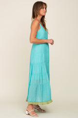 Aqua V-Neck Colorblocked Tiered Maxi Dress