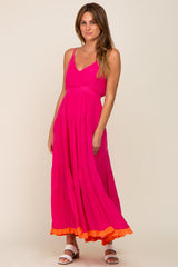 Fuchsia V-Neck Colorblocked Tiered Maxi Dress