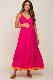 Fuchsia V-Neck Colorblocked Tiered Maternity Maxi Dress