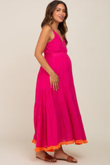 Fuchsia V-Neck Colorblocked Tiered Maternity Maxi Dress