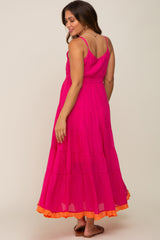 Fuchsia V-Neck Colorblocked Tiered Maternity Maxi Dress