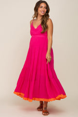 Fuchsia V-Neck Colorblocked Tiered Maternity Maxi Dress