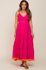 Fuchsia V-Neck Colorblocked Tiered Maternity Maxi Dress