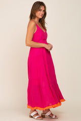 Fuchsia V-Neck Colorblocked Tiered Maxi Dress