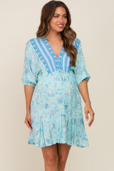 Light Blue Floral Border Print Maternity Dress