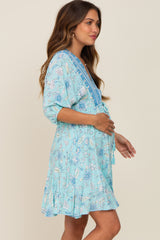 Light Blue Floral Border Print Maternity Dress