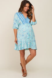 Light Blue Floral Border Print Maternity Dress