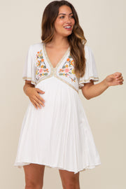 Ivory Embroidered V-Neck Maternity Dress