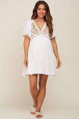 Ivory Embroidered V-Neck Maternity Dress