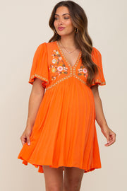 Orange Embroidered V-Neck Maternity Dress