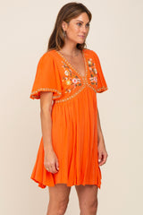 Orange Embroidered V-Neck Dress