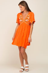 Orange Embroidered V-Neck Dress