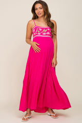 Magenta Floral Embroidery Maternity Maxi Dress