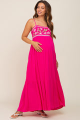 Magenta Floral Embroidery Maternity Maxi Dress